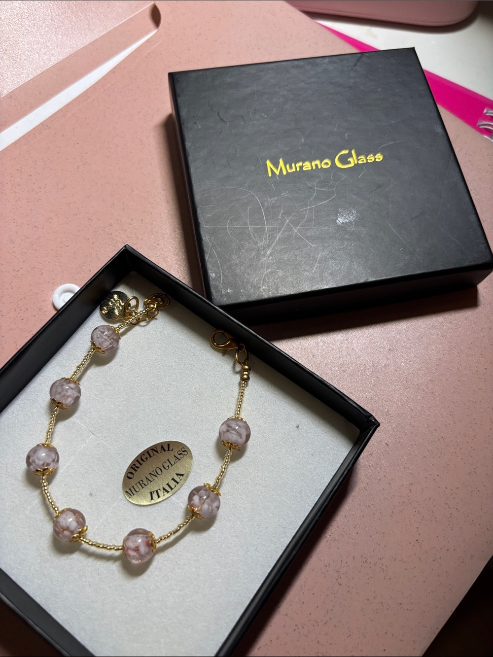 Murano Gold Chain Bracelet with Light Pink Glass Beads